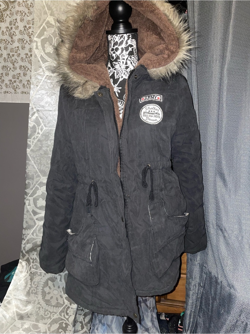 Women's Black Faux-Fur Hooded Parka Jacket size medium